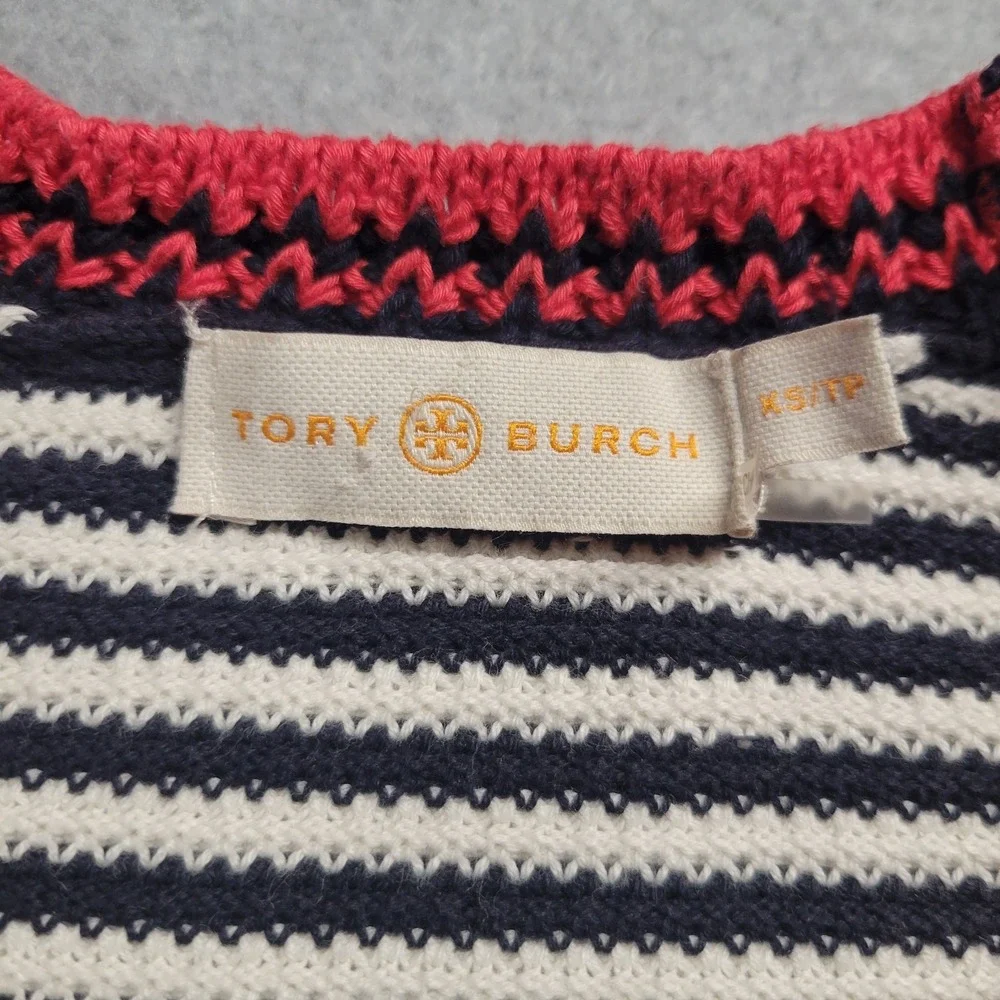 Tory Burch Sweater Women's XSmall Striped V-neck Pullover 3/4 Sleeve Cotton‎